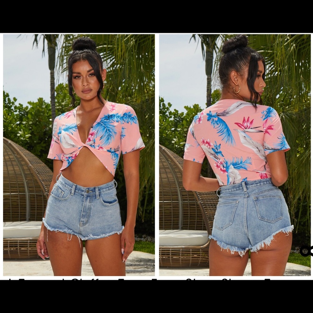 Pink Tropical Chiffon Twist Front Short Sleeve Top Size US 8